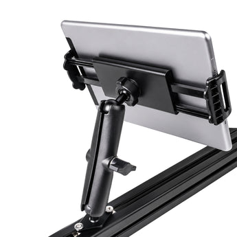 GT Omega Phone/Tablet Holder mounted on an aluminium profile rail holding a tablet, rear view