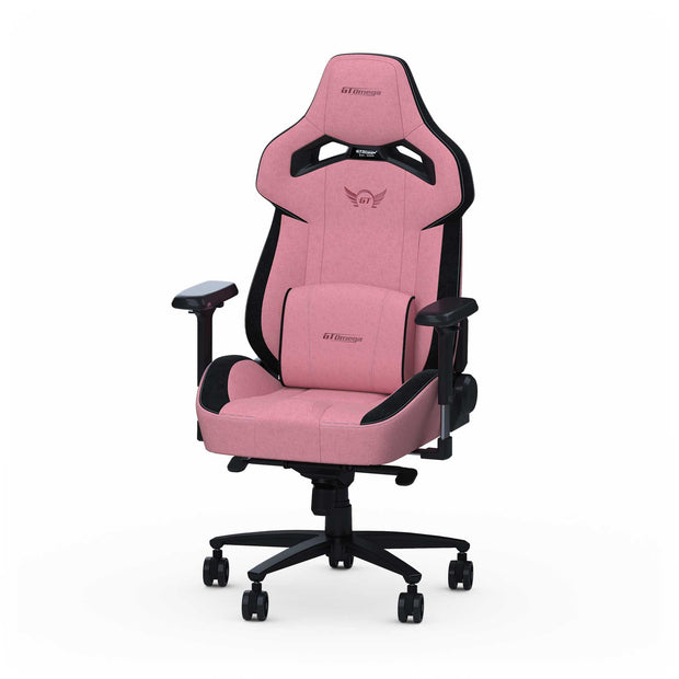Pink Fabric Zephyr gaming chair front left angle