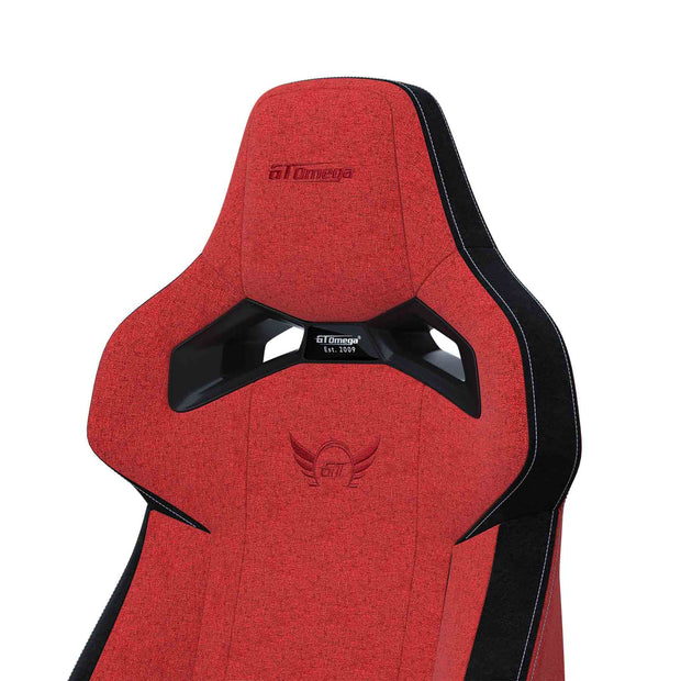 close up of Red Fabric Zephyr gaming chair headrest