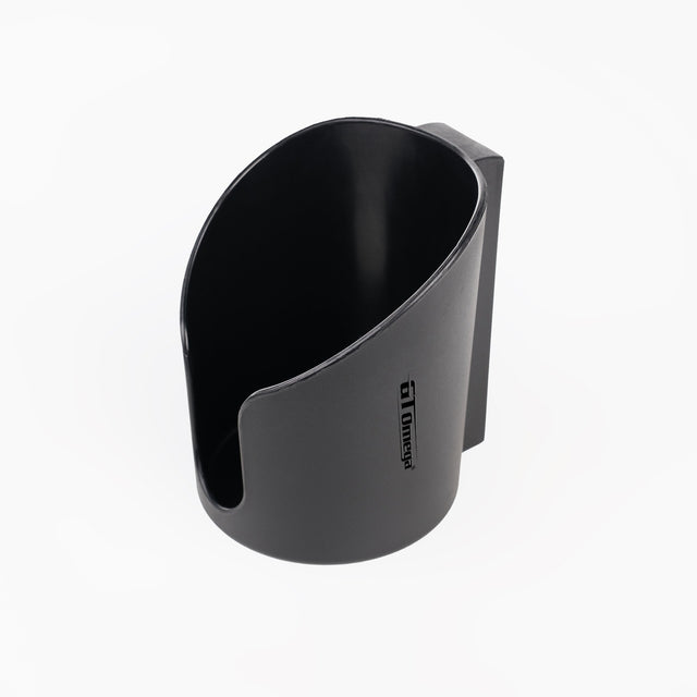 GT Omega black cup holder with the raised glossy GT Omega sticker on the side, on a white background