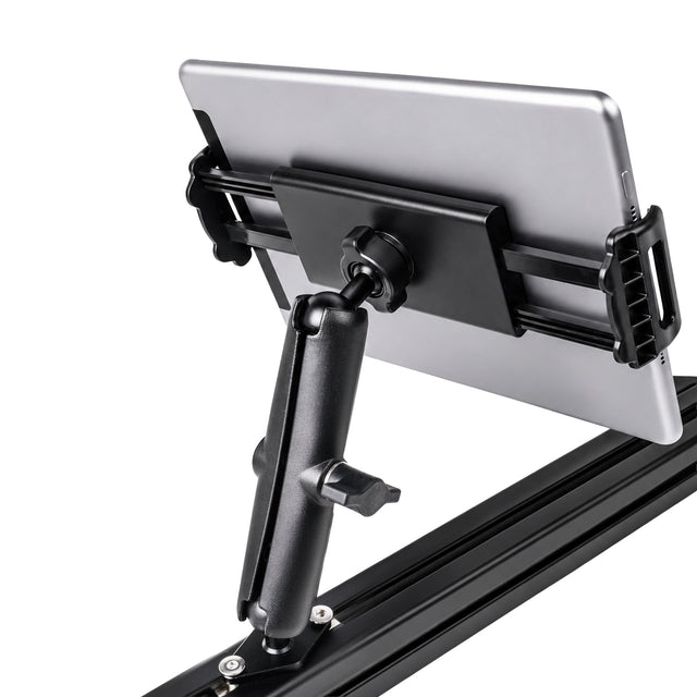 GT Omega Phone/Tablet Holder mounted on an aluminium profile rail holding a tablet, rear view