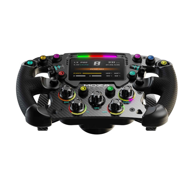MOZA Racing FSR Formula Wheel front upward angle view with RGB lit up and screen on
