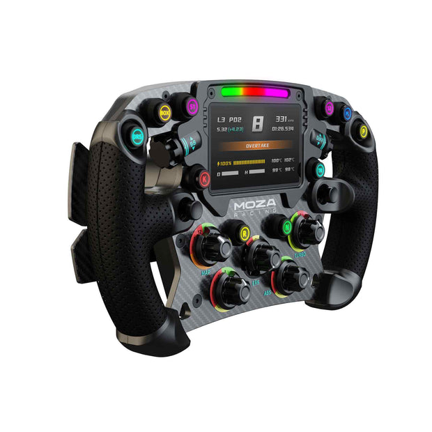 MOZA Racing FSR Formula Wheel right angle view with RGB lit up and screen on
