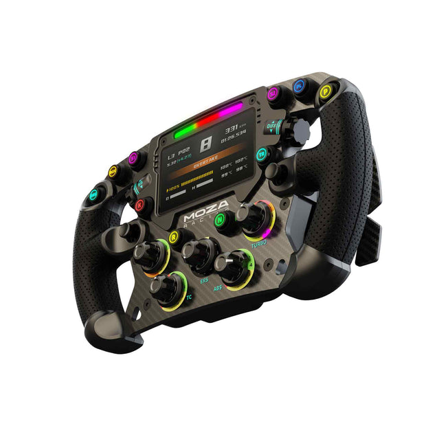 MOZA Racing FSR Formula Wheel left angle view with RGB lit up and screen on