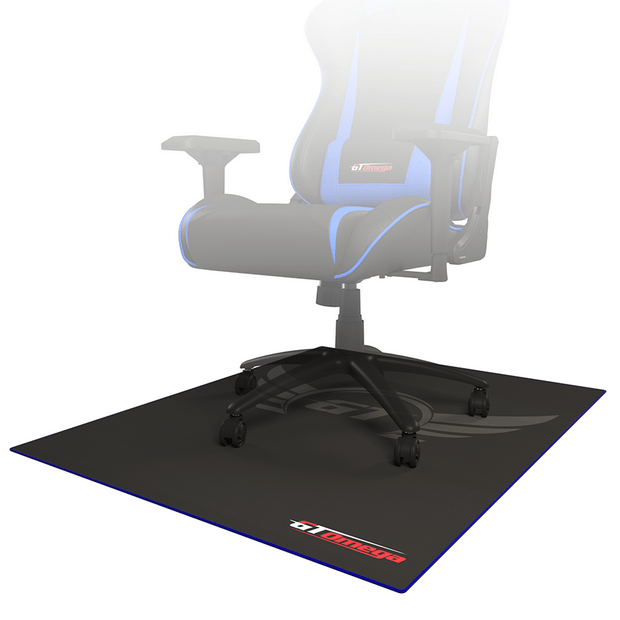 Blue trim Floor Pad For Gaming and office chairs side angle with chair on top