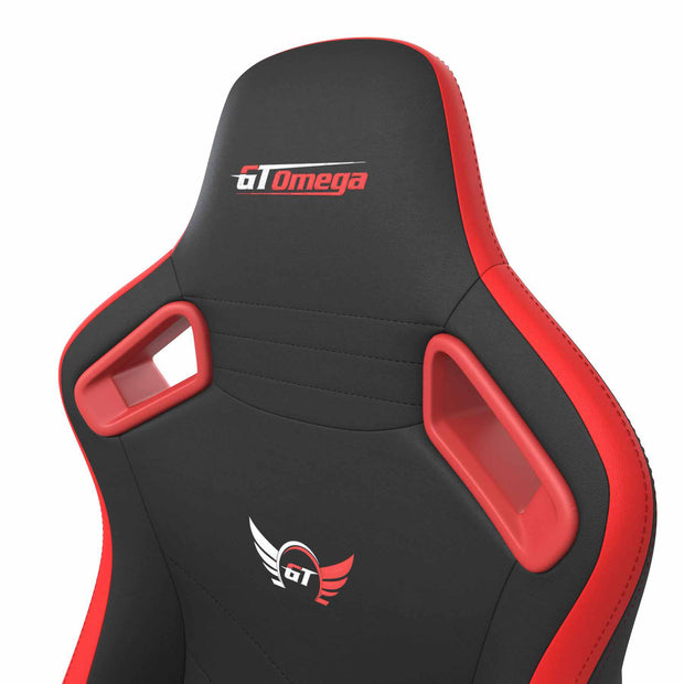 Close up of Red Leather SPORT Series Gaming Chair headrest