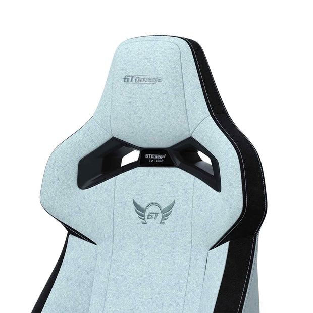 close up of Light Blue Fabric Zephyr gaming chair headrest