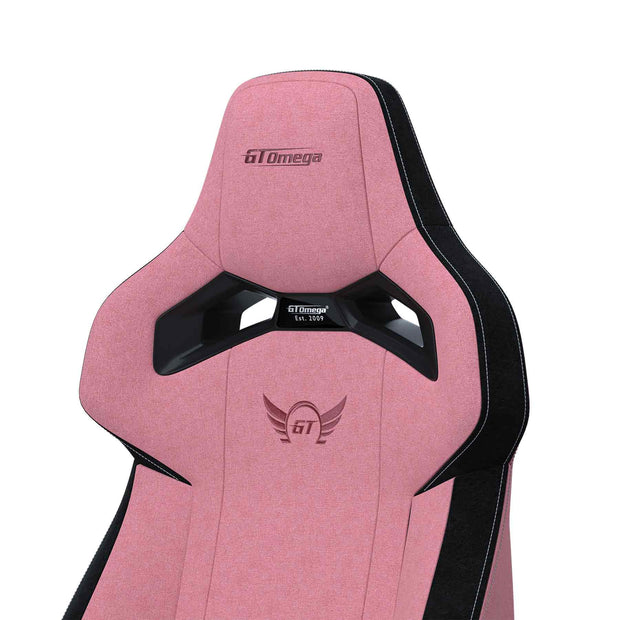 close up of Pink Fabric Zephyr gaming chair headrest