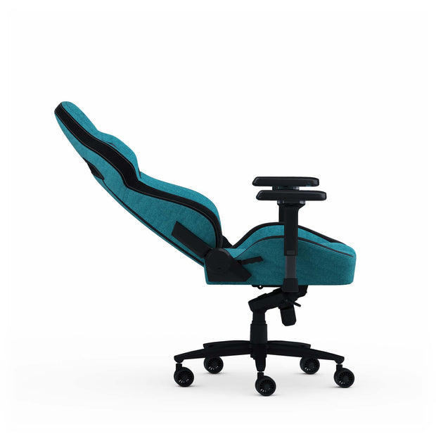 Teal Fabric Zephyr gaming chair reclined